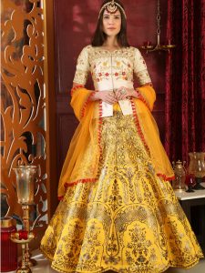 Girly White & Yellow Colour Metalic Foil Work Festive Lehenga Choli