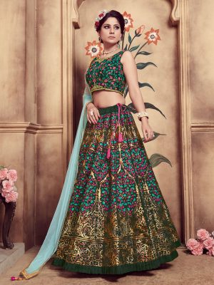 Girly Dark Green Colour Multi Rubber Foil Work Festive Lehenga Choli