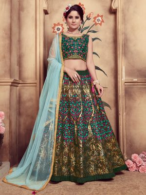 Girly Dark Green Colour Multi Rubber Foil Work Festive Lehenga Choli