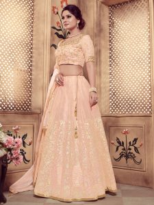 Girly Peach Colour Pearl & Rubber Foil Work Festive Lehenga Choli