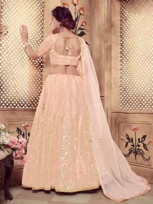 Girly Peach Colour Pearl & Rubber Foil Work Festive Lehenga Choli