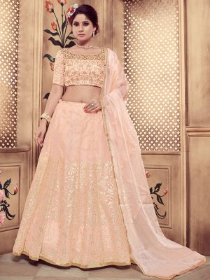 Girly Peach Colour Pearl & Rubber Foil Work Festive Lehenga Choli