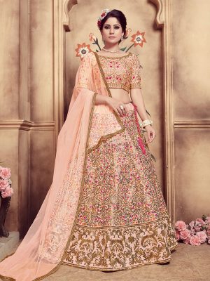 Girly Peach Colour Multi Rubber Foil Work Festive Lehenga Choli