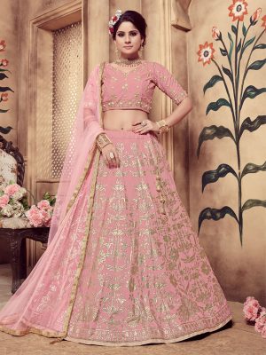 Girly Pink Colour Rubber Foil Work Festive Lehenga Choli