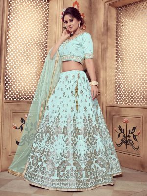 Girly Turquoise Blue Colour Rubber Foil Work Festive Lehenga Choli