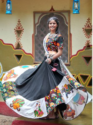 Raas Black Colour Resham Embroidered Work & Real Mirror & Digital Print Navratri Lehenga Choli