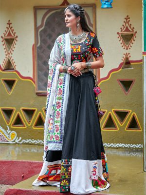 Raas Black Colour Resham Embroidered Work & Real Mirror & Digital Print Navratri Lehenga Choli