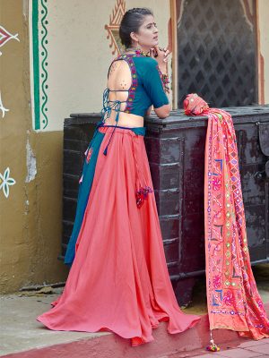 Raas Teal Blue & Pink Colour Resham Embroidered Work & Real Mirror Navratri Lehenga Choli