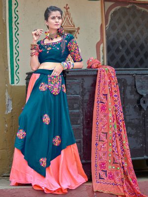 Raas Teal Blue & Pink Colour Resham Embroidered Work & Real Mirror Navratri Lehenga Choli