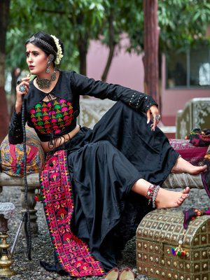 Raas Black Colour Resham Embroidered Work & Real Mirror Navratri Lehenga Choli