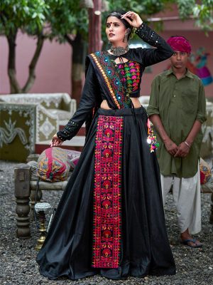 Raas Black Colour Resham Embroidered Work & Real Mirror Navratri Lehenga Choli