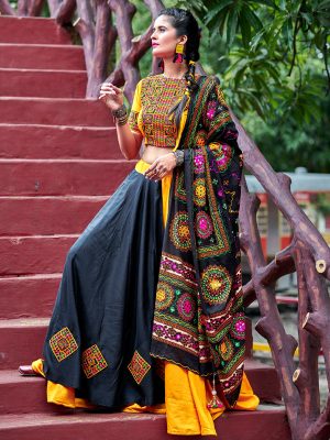 Raas Yellow & Black Colour Resham Embroidered & Tassels Work Navratri Lehenga Choli