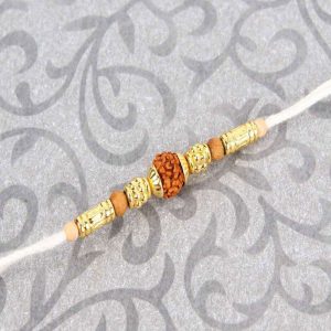 Wooden and Golden Beads with Rudraksha Rakhi