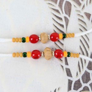 Wooden and Mauli Color Beads Two Rakhi Threads