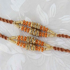 Pair of Two Diamond Rings and Golden Strings Rakhi