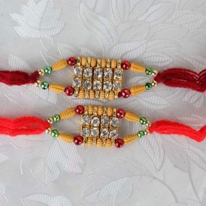 Two Diamond Work with Wooden Color Beads Rakhi