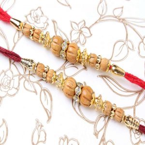 Couple of Diamond Designer Ring with Wooden Beads Rakhi