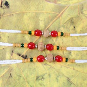 Wooden and Mauli Color Beads Three Rakhi Threads
