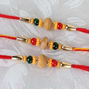 Triple Wooden Bead with Mauli Color Beads Rakhi