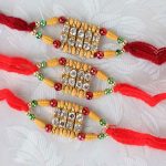 Three Diamond Work with Wooden Color Beads Rakhi