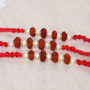 Trio Rudraksha and Pearl Beads Rakhi