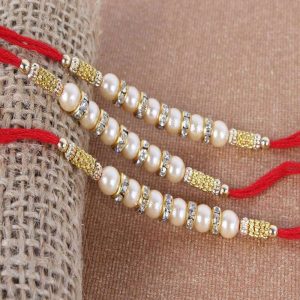 Three Diamond Ring with Pearl Beads Rakhi