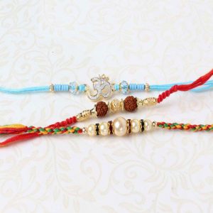 Trio Rudraksha Om and Pearl Rakhi Set