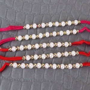 Set of Five Pearl and Golden Beads Rakhi