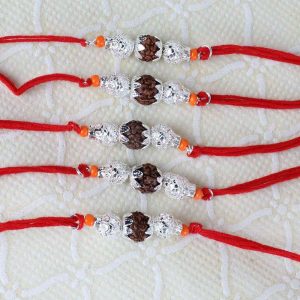 Five Silver Shiny Rudraksha Rakhi