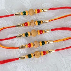Set of Five Wooden and Mauli Color Bead Rakhis