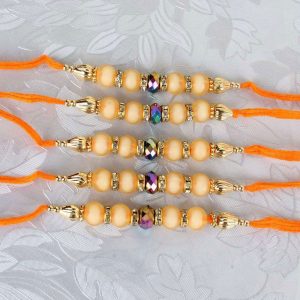 Five Crystal Shine Bead with Colorful Pearls Finest Rakhi
