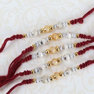 Glowing Silver and Golden Beads Rakhi Set