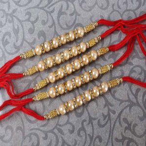 Marvellous Five Diamond Ring with Pearl Beads Rakhi