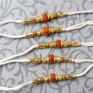 Gorgeous Five Golden Beads with Rudraksha Rakhi