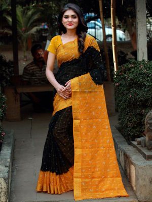 Bandhani Checks Black Art Silk Printed Saree With Blouse