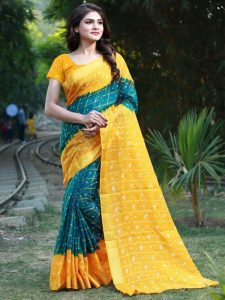 Bandhani Checks Green Art Silk Printed Saree With Blouse