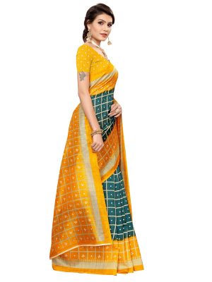 Bandhani Checks Green Art Silk Printed Saree With Blouse