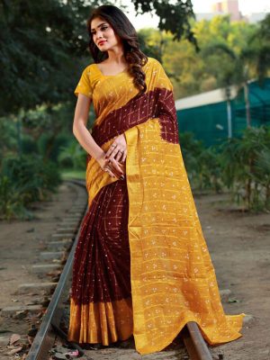 Bandhani Checks Maroon Art Silk Printed Saree With Blouse
