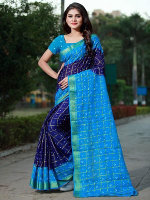 Bandhani Checks Navy Art Silk Printed Saree With Blouse
