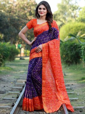 Bandhani Checks Purple Art Silk Printed Saree With Blouse