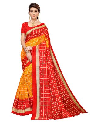 Bandhani Checks Yellow Art Silk Printed Saree With Blouse