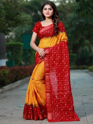 Bandhani Checks Yellow Art Silk Printed Saree With Blouse