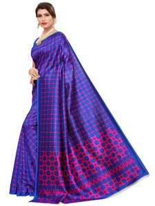 Silk Checks Blue Art Silk Printed Saree With Blouse