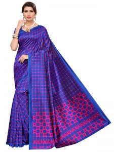 Silk Checks Blue Art Silk Printed Saree With Blouse