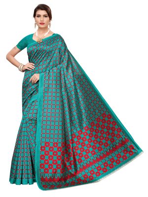 Silk Checks Green Art Silk Printed Saree With Blouse