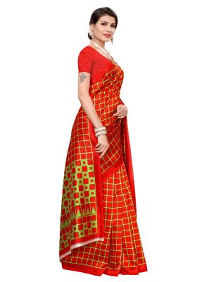 Silk Checks Red Art Silk Printed Saree With Blouse