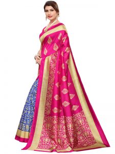 Urban Pink Blue Art Silk Printed Saree With Blouse