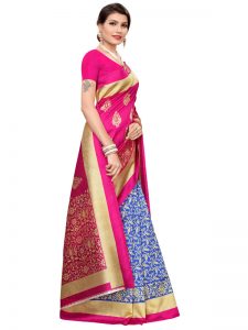 Urban Pink Blue Art Silk Printed Saree With Blouse