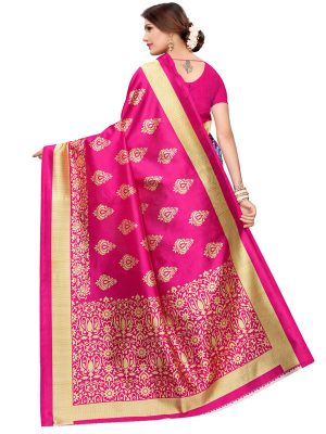 Urban Pink Blue Art Silk Printed Saree With Blouse