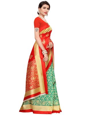 Urban Red Green Art Silk Printed Saree With Blouse